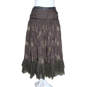 BOHO Full Midi Skirt in Dark Brown with Gold Floral Embroidery & Lace Hem